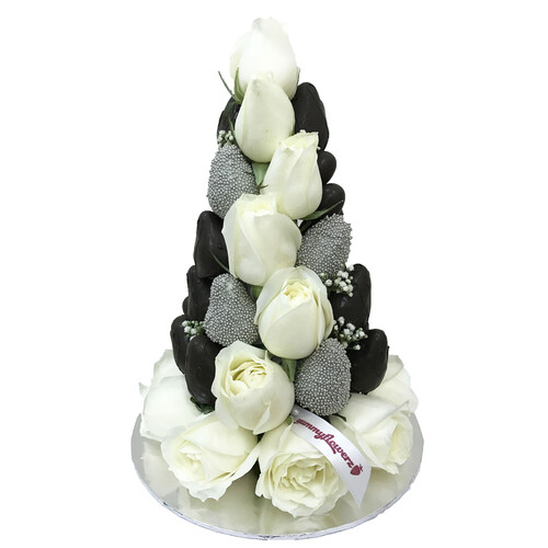 25cm Black & Silver with White Roses Strawberry Tower (Small)